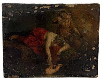 Lot 615 - ITALIAN 18TH CENTURY SCHOOL: AN OIL PAINTING ON CANVAS DEPICTING THETIS DIPPING ACHILLES IN THE RIVER STYX