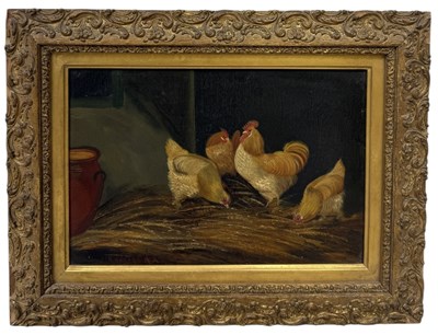 Lot 645 - A 19TH CENTURY OIL PAINTING ON CANVAS DEPICTING CHICKENS