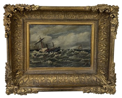 Lot 641 - A 19TH CENTURY OIL PAINTING ON BOARD DEPICTING SHIPS ON CHOPPY WATERS