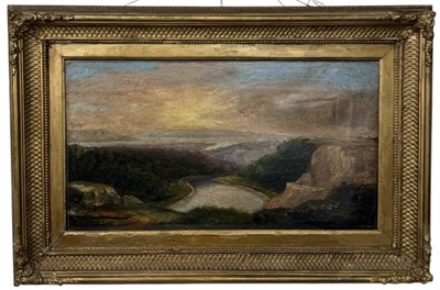 Lot 643 - A 19TH CENTURY OIL PAINTING ON CANVAS DEPICTING A LANDSCAPE SCENE WITH A WINDING RIVER NEAR THE SEA