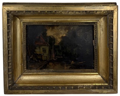 Lot 644 - A 19TH CENTURY OIL PAINTING ON BOARD DEPICTING A BOAT HOUSE