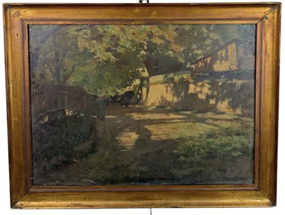 Lot 589 - HANS LICHT (GERMAN 1876-1935): AN OIL PAINTING ON BOARD DEPICTING A LANDSCAPE SCENE WITH A RIVER AND HOUSES