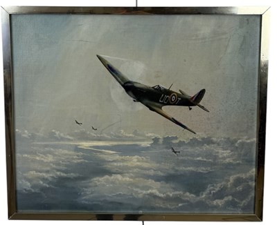 Lot 672 - AN OIL PAINTING ON CANVAS DEPICTING A SPITFIRE