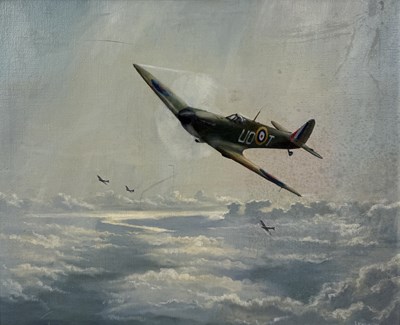 Lot 672 - AN OIL PAINTING ON CANVAS DEPICTING A SPITFIRE