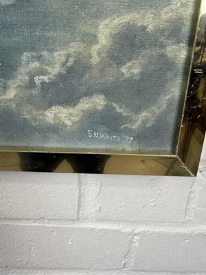 Lot 672 - AN OIL PAINTING ON CANVAS DEPICTING A SPITFIRE