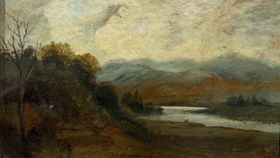 Lot 660 - A 19TH CENTURY OIL PAINTING ON BOARD DEPICTING A LANDSCAPE SCENE WITH A RIVER AND MOUNTAINS IN THE BACKGROUND