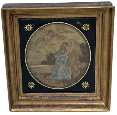 Lot 747 - A 19TH CENTURY SILK AND WOOLWORK EMBROIDERED PANEL DEPICTING A SCENE WITH ANGELS