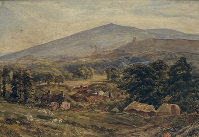 Lot 673 - A 19TH CENTURY WATERCOLOUR PAINTING ON PAPER DEPICTING A LANDSCAPE SCENE WITH A FARMYARD AND MOUNTAINS IN THE BACKGROUND