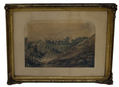 Lot 659 - A 19TH CENTURY WATERCOLOUR PAINTING ON PAPER DEPICTING A LANDSCAPE SCENE WITH A CASTLE