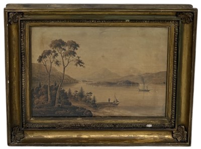 Lot 594 - MANNER OF J.M.W. TURNER: A LARGE WATERCOLOUR PAINTING ON PAPER DEPICTING A LAKE WITH SAILBOATS