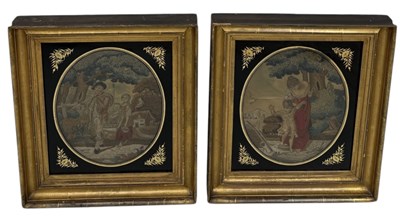 Lot 748 - A PAIR OF 19TH CENTURY SILK AND WOOLWORK EMBROIDERED PANELS DEPICTING SCENES OF RURAL LIFE