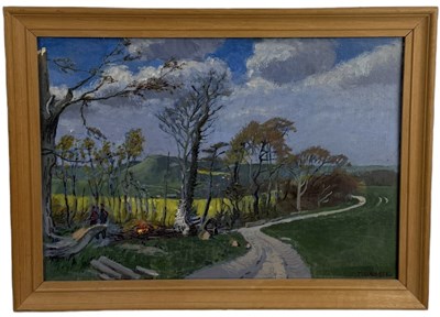 Lot 575 - JULIAN BELL (ENGLISH, B.1952) OIL ON BOARD DEPICTING 'CLEARING THE WOOD ABOVE FIRLE'