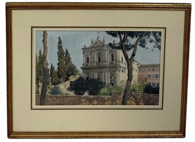 Lot 576 - JOHN DOYLE MBE PPRWS (ENGLISH, B.1928) A WATERCOLOUR PAINTING DEPICTING THE SAN GREGORIO MAGNO CHURCH ROME