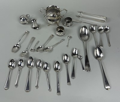 Lot 141 - A COLLECTION OF SILVER TO INCLUDE SOME ANTIQUE, SPOONS, TWIN HANDLED POT, TONGS.