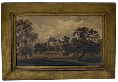 Lot 657 - A 19TH CENTURY WATERCOLOUR PAINTING ON PAPER DEPICTING A CASTLE WITH COWS GRAZING ON THE COUNTRY ESTATE