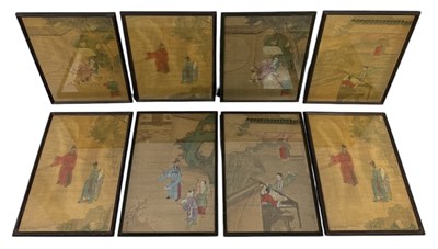 Lot 692 - A SET OF EIGHT ANTIQUE CHINESE PAINTINGS ON SILK DEPICTING COURT SCENES