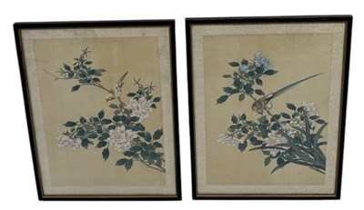 Lot 700 - A PAIR OF CHINESE SILK PAINTINGS OF BIRDS ON BLOSSOM BRANCHES