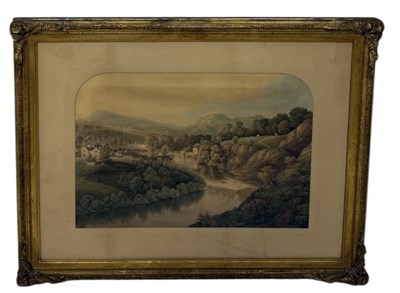 Lot 658 - A LARGE 19TH CENTURY WATERCOLOUR PAINTING ON PAPER DEPICTING A LANDSCAPE SCENE WITH WINDING RIVER AND TOWN