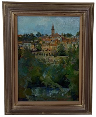 Lot 565 - TOM COATES (1941-2023): AN OIL PAINTING ON CANVAS 'VIEW FROM ALBI'