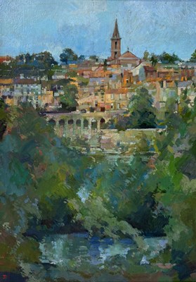 Lot 565 - TOM COATES (1941-2023): AN OIL PAINTING ON CANVAS 'VIEW FROM ALBI'