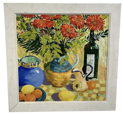 Lot 437 - AN OIL PAINTING ON BOARD DEPICTING A STILL LIFE WITH JUGS, FLOWERS, FRUIT AND A BOTTLE OF WINE