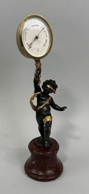 Lot 318 - A BRONZE PUTTI HOLDING A BAROMETER ON RED MARBLE BASE