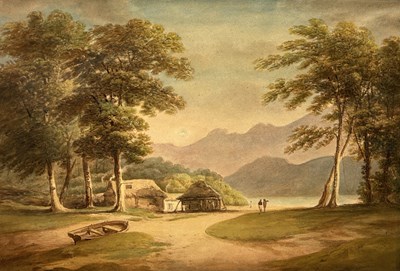 Lot 571 - FRANCIS NICHOLSON (1753 - 1844): A 19TH CENTURY WATERCOLOUR PAINTING DEPICTING A LAKESIDE FOREST VIEW