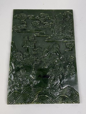 Lot 202 - A CHINESE SPINACH JADE CARVED PANEL