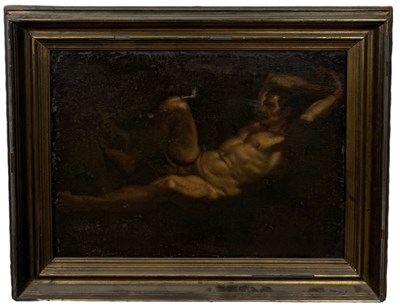 Lot 34 - CIRCLE OF GAETANO GANDOLFI (ITALIAN 1734-1802): AN OIL PAINTING ON CANVAS DEPICTING STUDY OF A NUDE, POSSIBLY PROMETHEUS