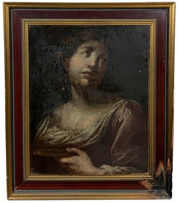 Lot 44 - CIRCLE OF SIMONE PIGNONI (FLORENCE 1611-1698): AN OIL PAINTING ON CANVAS DEPICTING ST LUCY