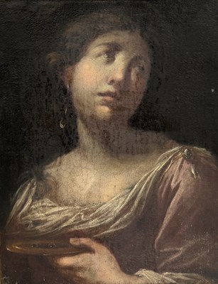 Lot 44 - CIRCLE OF SIMONE PIGNONI (FLORENCE 1611-1698): AN OIL PAINTING ON CANVAS DEPICTING ST LUCY