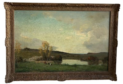 Lot 362 - A LARGE OIL PAINTING ON CANVAS DEPICTING COWS IN A FIELD WITH A LAKE