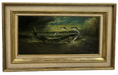 Lot 429 - AN OIL PAINTING ON BOARD DEPICTING FISH IN A RIVER