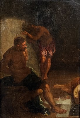 Lot 43 - MANNER OF TINTORETTO (ITALIAN 1518-1594): AN OIL PAINTING ON CANVAS POSSIBLY DEPICTING THE WASHING OF CHRIST'S FEET