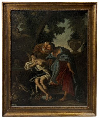 Lot 39 - MANNER OF GIROLAMO BRUSAFERRO (ITALIAN 18TH CENTURY): AN OIL PAINTING ON CANVAS DEPICTING SUSANNA AND HER ELDERS