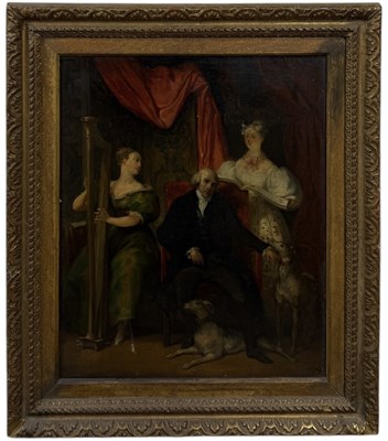 Lot 38 - ATTRIBUTED TO EUGENE DEVERIA (FRENCH 1805-1865): AN OIL PAINTING ON CANVAS DEPICTING LAMARTINE SEATED, BETWEEN THE MUSES OF POETRY AND MUSIC