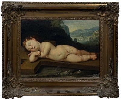 Lot 49 - MANNER OF FRANCESCO ALBANI (ITALIAN 1578-1660): AN OIL PAINTING ON CANVAS DEPICTING THE INFANT CHRIST ASLEEP ON THE CROSS