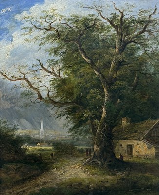 Lot 52 - MANNER OF JOHN CROME (BRITISH 1768-1821): AN OIL PAINTING ON BOARD DEPICTING FIGURES BESIDE A LARGE TREE