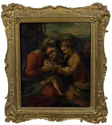 Lot 54 - AFTER ANTONIA DA CORREGIO (ITALIAN 1489-1534): AN 18TH OR 19TH CENTURY OIL PAINTING ON CANVAS THE VIRGIN AND CHILD WITH AN ANGEL