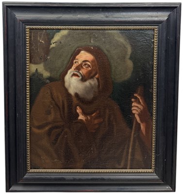 Lot 25 - MANNER OF FRANCESCO DE MURA (1696-1782): AN OIL PAINTING ON CANVAS DEPICTING A SAINT HOLDING A HOOK