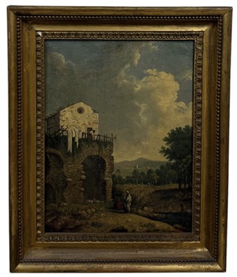 Lot 30 - A 19TH CENTURY OIL PAINTING ON BOARD DEPICTING AN ITALIANATE LANDSCAPE WITH FIGURES