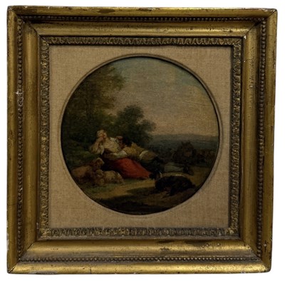 Lot 46 - ATTRIBUTED TO JULIUS CEASAR IBBETSON (1759-1817): AN OIL PAINTING ON PANEL DEPICTING LOVERS IN ARCADIA