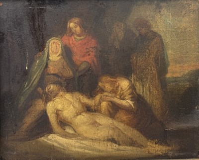 Lot 45 - AN 18TH CENTURY OIL PAINTING ON CANVAS DEPICTING MODELO FOR THE DEPOSITION OF CHRIST