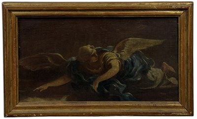 Lot 28 - MANNER OF LUCA GIORDANO (ITALIAN 1634-1705): AN OIL PAINTING ON PANEL DEPICTING AN ANGEL