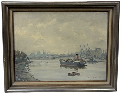 Lot 620 - HUGH BOYCOTT-BROWN RMSA(BRITISH 1909-1990): AN OIL PAINTING ON BOARD DEPICTING LOW TIDE, THAMES NEAR CHELSEA AND BATTERSEA