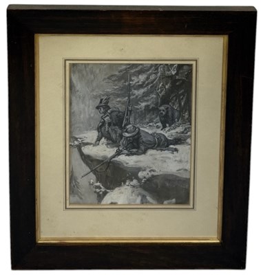 Lot 621 - A WATERCOLOUR PAINTING 'HUNTING IN THE ROCKIES, A CHRISTMAS MEAL IN SIGHT'