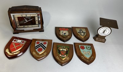 Lot 1267 - SIX COLLEGE CRESTS, TOILET MIRROR, DECO MANTEL CLOCK, SCALES