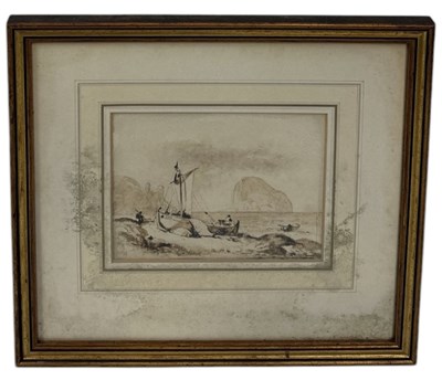 Lot 717 - A LATE 19TH CENTURY INK AND WASH SKETCH DEPICTING FIGURES WITH FISHING BOATS ON AN ISLAND BEACH