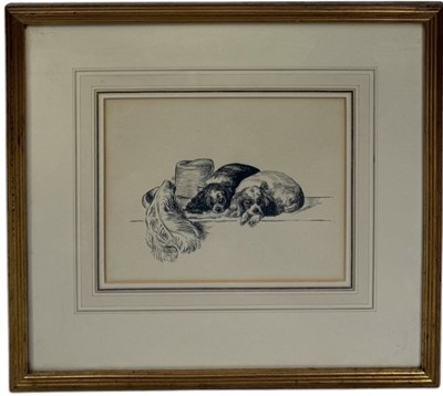 Lot 715 - AFTER LANDSEER: AN INK SKETCH DEPICTING TWO DOGS WITH A HAT AND FEATHER