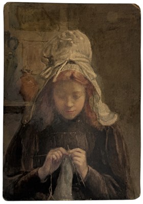 Lot 619 - A WATERCOLOUR PAINTING ON BOARD DEPICTING A GIRL KNITTING'